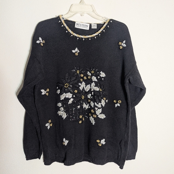 Ugly Christmas Sweater Vintage Womens Sweater Metallic Beaded Poinsettia Medium - Picture 1 of 10
